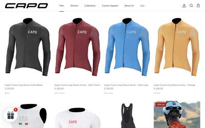 Capo Cycling Apparel website screenshot