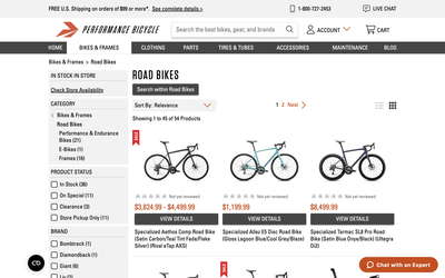 Performance Bicycle website screenshot