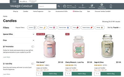 Yankee Candle website screenshot