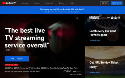 YouTube TV website screenshot